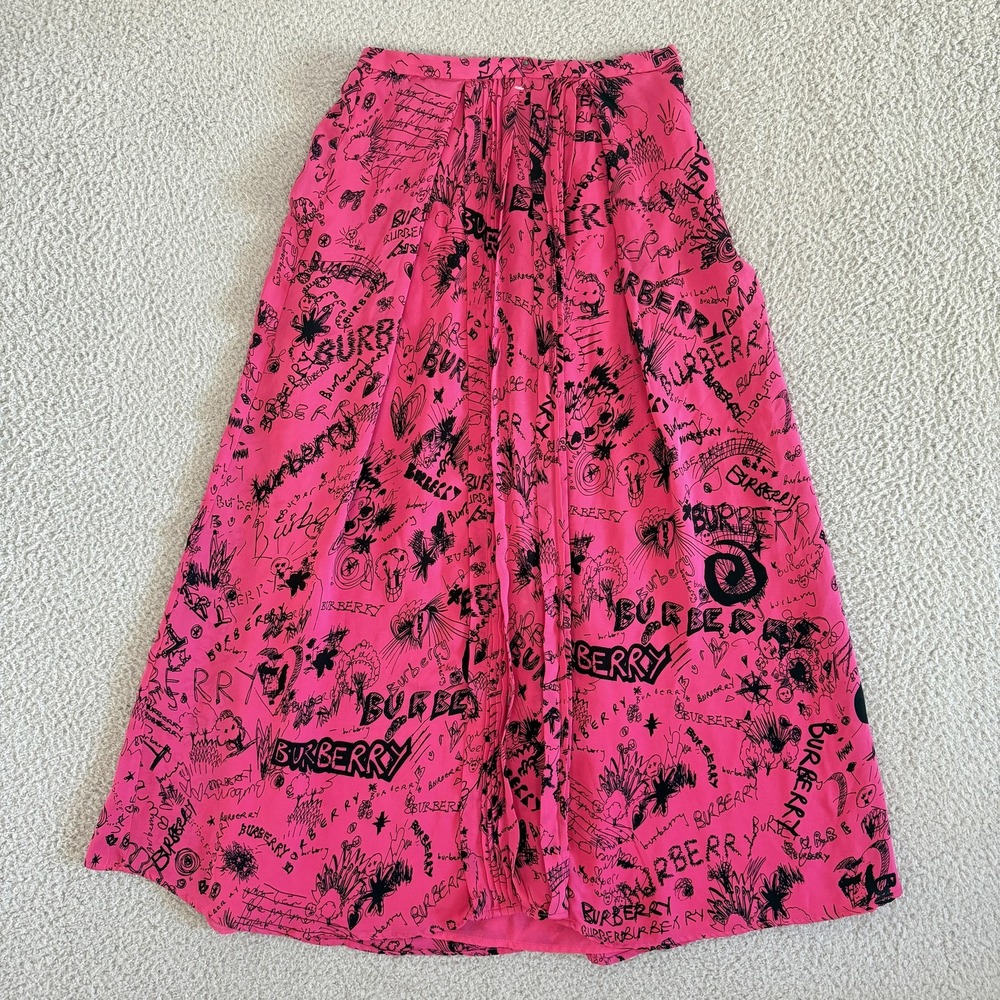 Burberry Skirt Womens Large Pink Silk Scribble Graffiti Logo Pleated Midi A-Line